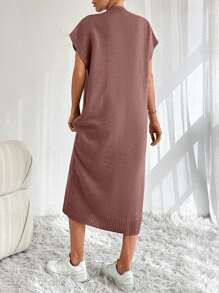 EURMUSE Solid Button Detail Batwing Sleeve Sweater Dresss - Dusty Pink - View 2