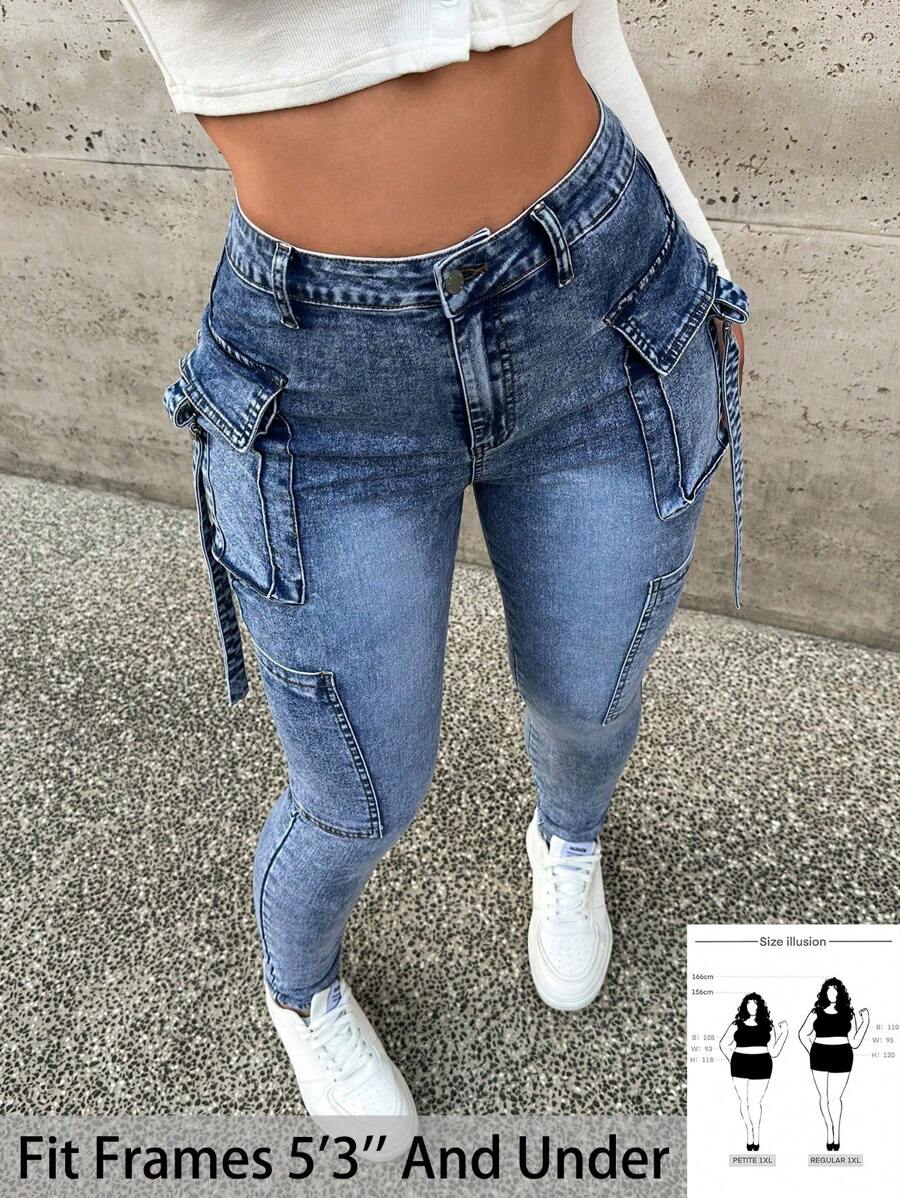 SHEIN PETITE CURVE 大码女式蓝色牛仔工装弹力紧身裤 Y2K 高腰牛仔裤 情人节牛仔工装裤 - 深色水洗藍 - 查看 1