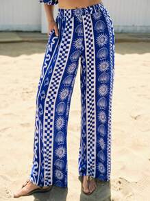 Maija Conjunto de 2 piezas mujer con top corto de manga farol sin tirantes con estampado geométrico y pantalones rectos de cintura elástica sueltos, casual, cómodo, apropiado para verano, playa, resort de Hawái