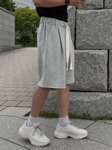 Claim Dot Quần short nam dài đến đầu gối dáng rộng màu xám có viền tua rua, quần short mùa hè đa năng, quần short rộng thùng thình quá khổ - Xám - Xem 3