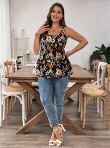 SHEIN LUNE Plus Size Women's Summer Holiday Style Floral Pattern Button Decoration Burnout Embroidery Ruffle Hem Top Suitable For Going Out - Multicolor - View 5