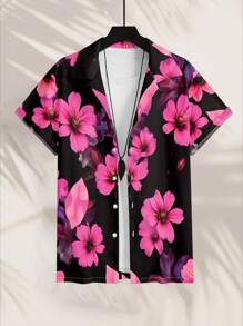 Manfinity RSRT Plus Size Men Holiday Floral Print Short Sleeve Single Breasted Shirt Hawaiian - Multicolor - View 6