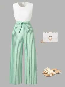 1pc Girls' Fashionable Pleated Jumpsuit, Breezy And Suitable For Outings, Traveling, Green Fresh Style, Summer - Mint Green - View 1