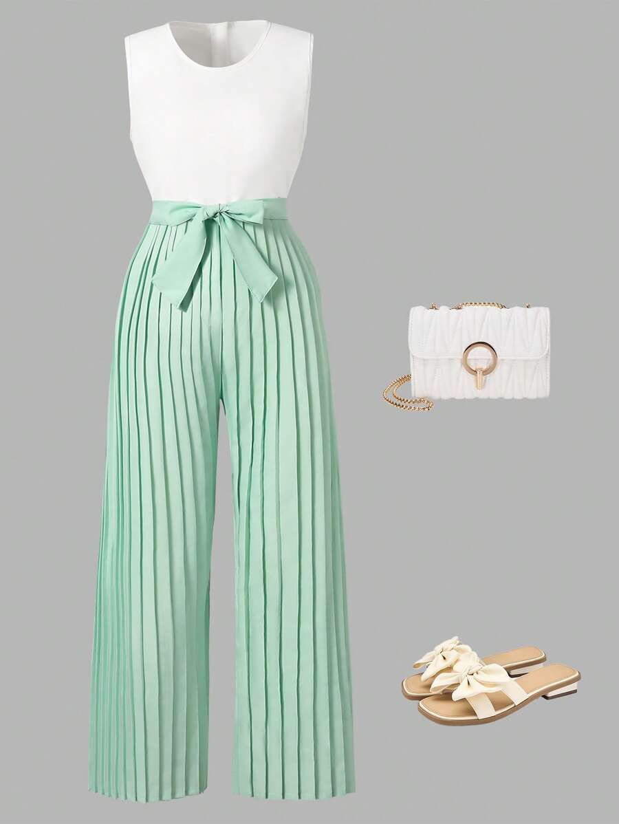 1pc Girls' Fashionable Pleated Jumpsuit, Breezy And Suitable For Outings, Traveling, Green Fresh Style, Summer - Mint Green - View 1