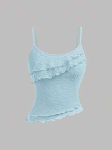 Girlism Conjunto de 2 peças com Regata Assimétrica de Renda e Saia Assimétrica de Babados com Bainha de Sereia de Cintura Baixa, Roupa Elegante para Casamento, Primavera/Verão, Temporada de Casamentos em Resort, para Adolescentes - Azul bebê - Visão 6