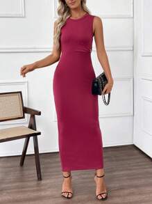 SHEIN LUNE Vestido de fiesta de verano para mujer, ajustado y de un solo color, sin mangas - Rojo - Ver 4