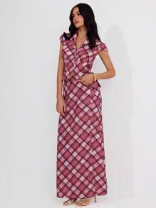 Roylia Women's Elegant School Plaid Pattern Cap Sleeve Collared Short Top And Self-Tie Waist Skirt Set - Pink - View 1