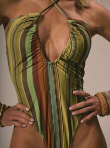 SHEIN x Eduarda Gutierrez Musera Resort Cross Strap Cut Out Striped One-Piece Swimsuit Beach Hot Girl Fun Sexy Outfit Beachwear, Swimwear For Summer Beach Vacation - Multicolor - View 6