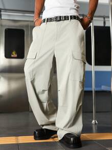 Manfinity Hypemode Men's Solid Color Cargo Pocket Pleated Wide Leg Loose Pants - Apricot - View 6