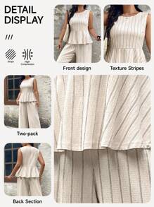 SHEIN LUNE 2件套加大码套装 - 条纹印花圆领无袖上衣和长裤