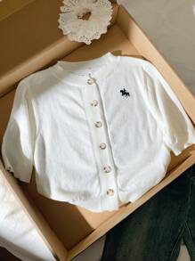 Comfortcana Cardigan bianco corto con maniche corte e bottoni ricamati per donna