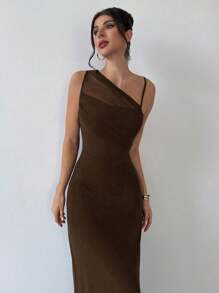 Firerie Women's Elegant Minimalist Chic Fashion Versatile Everyday Wear Music Festival Vacation Mesh Sheer Asymmetrical Ruched Black Bodycon Dress