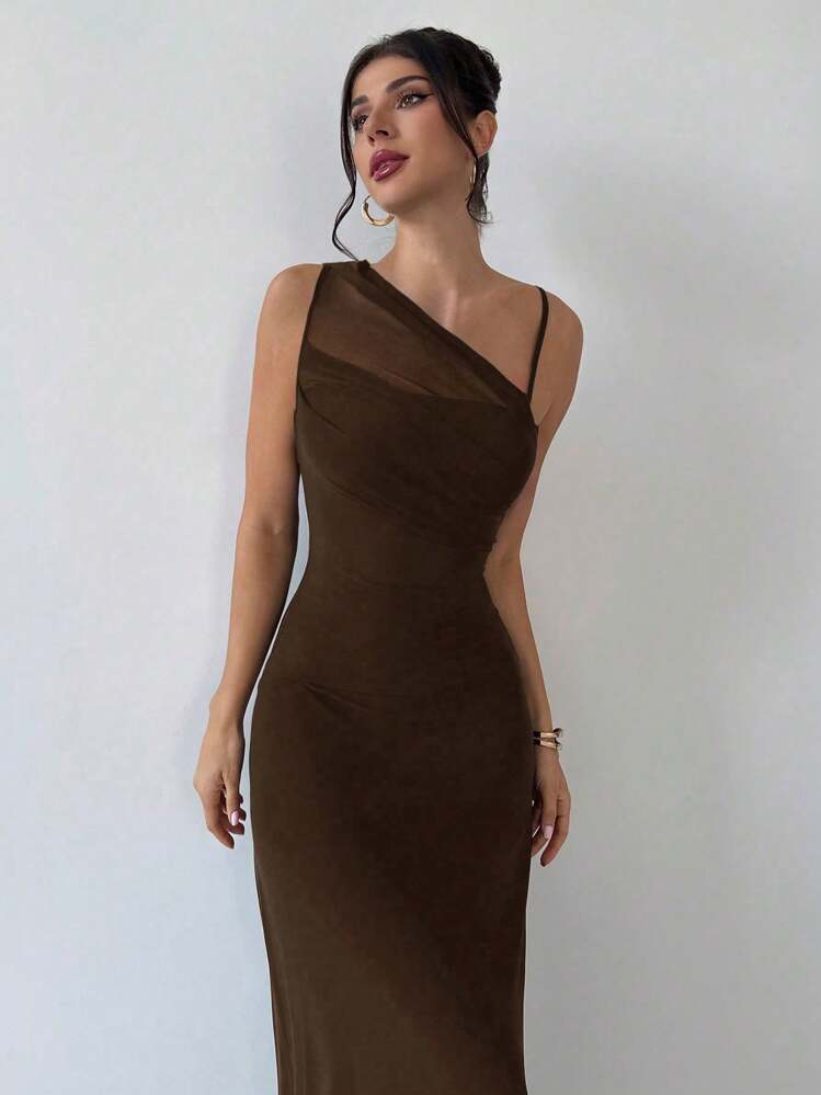 Firerie Women's Elegant Minimalist Chic Fashion Versatile Everyday Wear Music Festival Vacation Mesh Sheer Asymmetrical Ruched Black Bodycon Dress Modest Maxi Dress - Chocolate Brown - View 1
