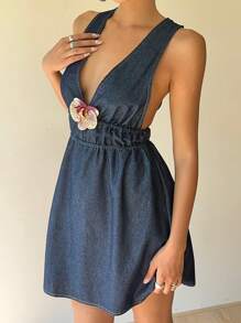 Aloruh 女式深V领露背系腰牛仔连衣裙，夏季度假风格 - 藍色 - 查看 3