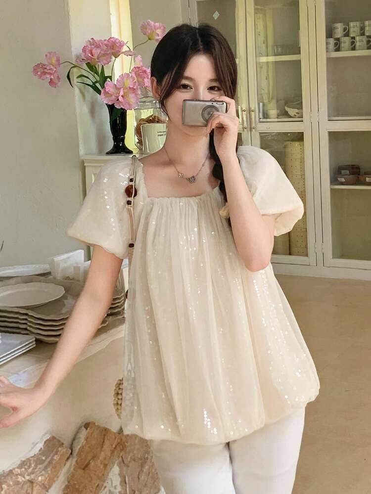 Women Square Collar Mesh Sequin Short Sleeve Blouse,Babydoll Top
