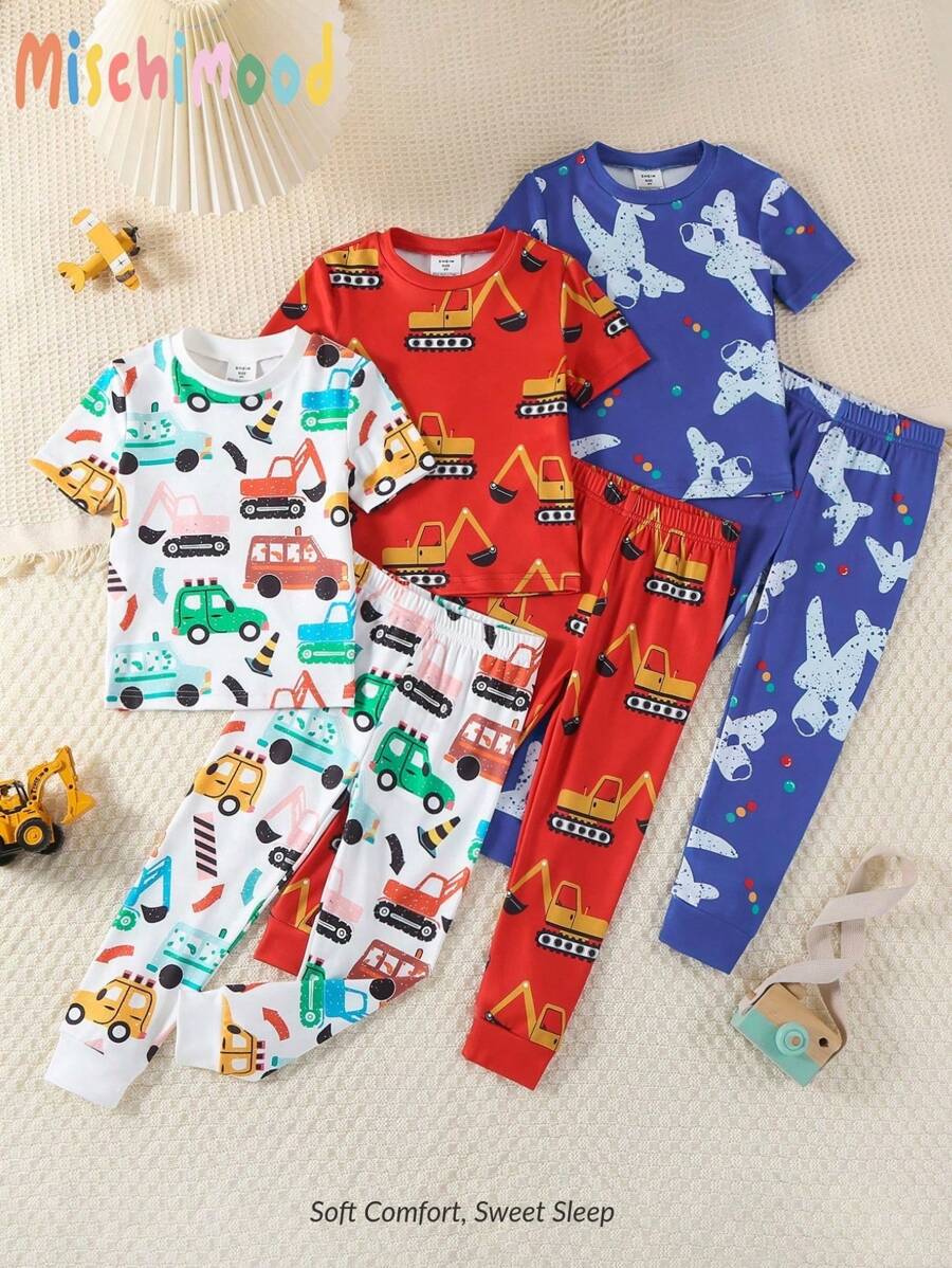 SHEIN 6 件套年轻男孩简约时尚酷炫工程卡车、挖掘机、飞机印花短袖紧身衣睡衣套装 - 彩色 - 查看 1