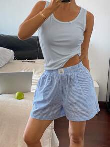 DAZY 简约纯色罗纹针织背心和罗纹饰边短裤家居服套装，休闲装，睡衣 - 淺藍色 - 查看 3