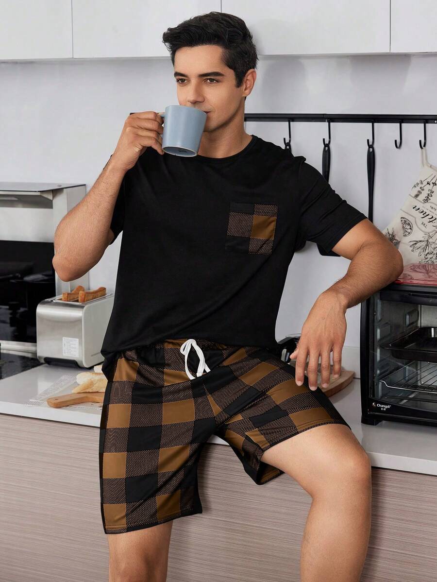 SHEIN Men's Plaid Printed 2-Piece Pajama Set - Black - View 1