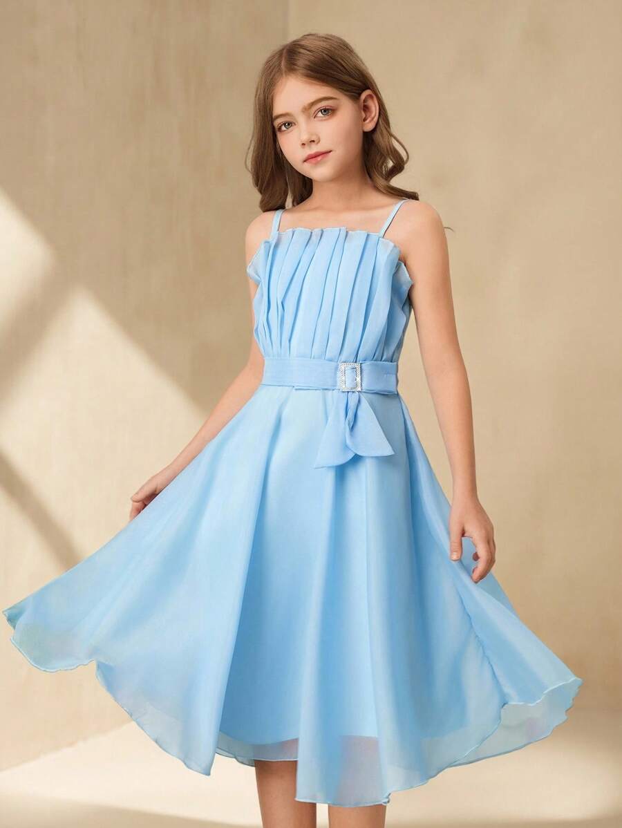 Tween Girls Rochie de lungime mijlocie, elegantă în straturi, albastru deschis, cu bretele spaghete, potrivită pentru Ziua Îndrăgostiților, bal, petrecere, aniversare, performanță și alte ocazii
