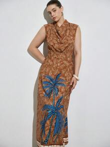 Aveloria Modichic Nouvelle robe longue style vacances à la plage pour femmes grandes tailles, avec imprimé rétro arbre de noix de coco, col volant, nœud, taille élastique et coupe fuselée - Multicolore - Voir 5