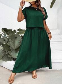 SHEIN LUNE Conjunto de 2 piezas de talla grande: camisa y falda de unicolor con textura - Verde Oscuro - Ver 3