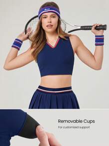 GLOWMODE 2 chiếc FeatherFit™-Air thấm mồ hôi nhanh khô màu tương phản, áo ba lỗ cổ trụ có thể tháo rời cúp ngực và chân váy xếp ly có quần short tích hợp, trang phục thường ngày - Dark Blue - Xem 3