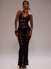 MUSERA Vestido maxi ajustado de crochet con tirantes finos y cuello halter, ideal para primavera, verano, vacaciones, playa, fiesta, elegante, lindo, sexy, estilo bohemio, Ibiza, festival, noche y Navidad - Negro - Ver 1