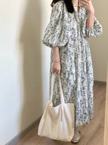 FRIFUL Women's Casual Plant Print Mid-Long Dress For Vacation,Ruffle - Multicolor - View 1