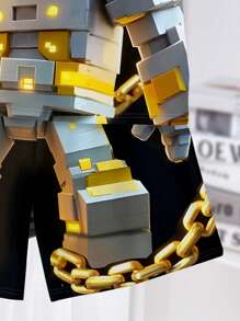 SHEIN 2 件套儿童 MC 图案休闲圆领短袖 T 恤和短裤套装，适合夏季