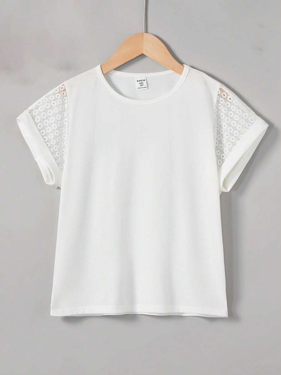 SHEIN Tween Girls' Knitted Solid Color Round Neck Loose Fit Vacation T-Shirt - White - View 1