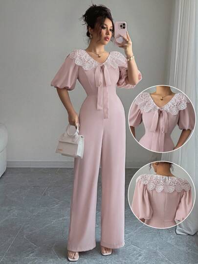 Modelyn 女士蕾丝彼得潘领拼接泡泡袖连体衣