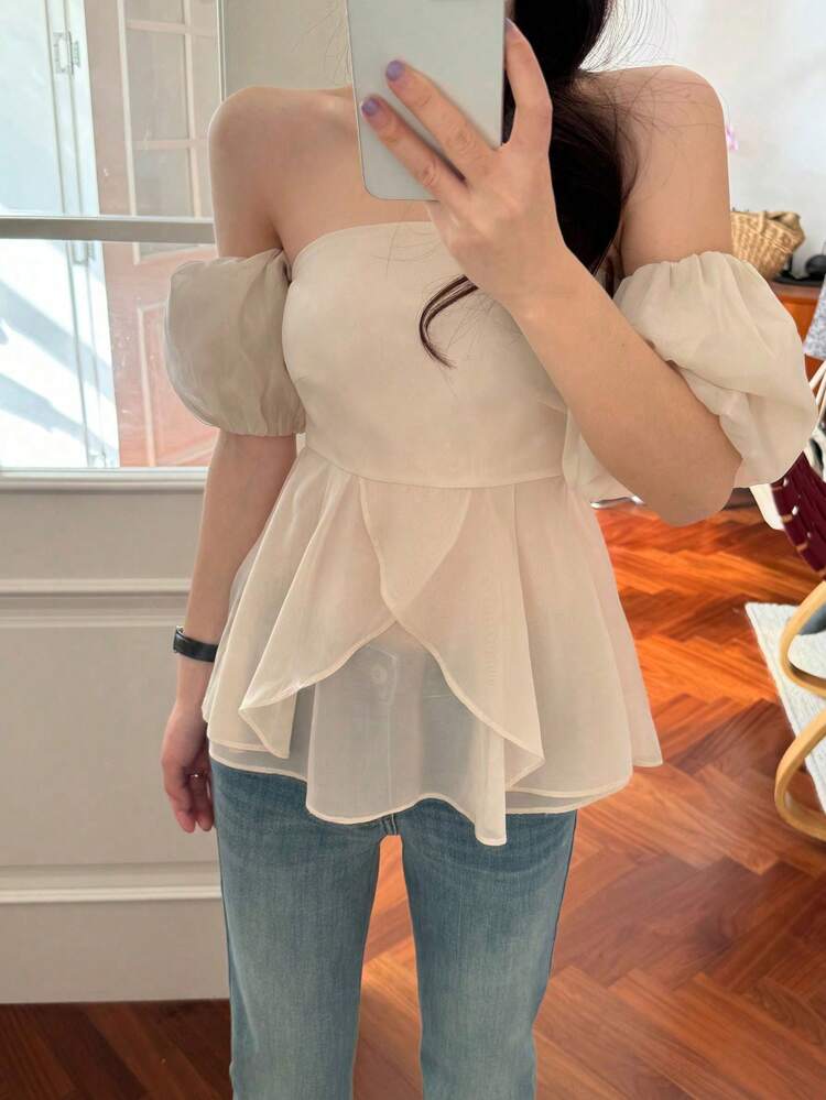 Women's Puff Sleeve Open Shoulder Korean Style Blouse Summer,Ruffle Babydoll Top,Off Shoulder Top