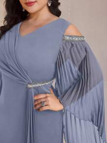 Modelyn Vestido sólido minimalista de talla grande con puño de manga de talla grande para mujer - Azul - Ver 6