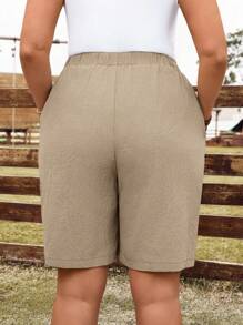 EMERY ROSE Plus Size Women's Summer Casual Solid Color Drawstring Waist Side Pockets Loose Shorts - Apricot - View 2