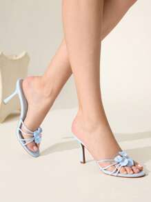 CUCCOO CHICEST Women's Elegant Floral Crystal Pointed Toe High Heel Sandals, Light Blue Faux Leather, Fashionable Heeled Slippers For Tea Parties, Dates, Formal Events, Vacations, Beach & Hawaii Style