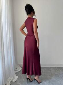 Elenzga Damen elegantes lang geschnittenes Kleid mit verdecktem Kragen, einfarbig und figurbetont