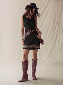 EMERY ROSE Váy vest không tay vải lanh họa tiết quả mơ cho kỳ nghỉ bãi biển mùa hè dành cho nữ - màu đen - Xem 4