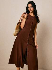 Poéselle Women's Round Neck, Single-Breasted, Sleeveless, Brown  Dress - Brown - View 7