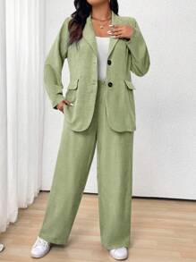 EMERY ROSE 大码女式纯色翻领长袖西装外套和裤子套装，适合毕业、返校、教师服装 - 薄荷綠 - 查看 3