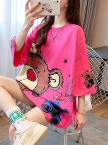 INAWLY 女式休闲 T 恤，带有可爱的卡通熊印花 - 舒适的涤纶混纺，短袖，圆领 - 非常适合春夏季 - 彩色 - 查看 1