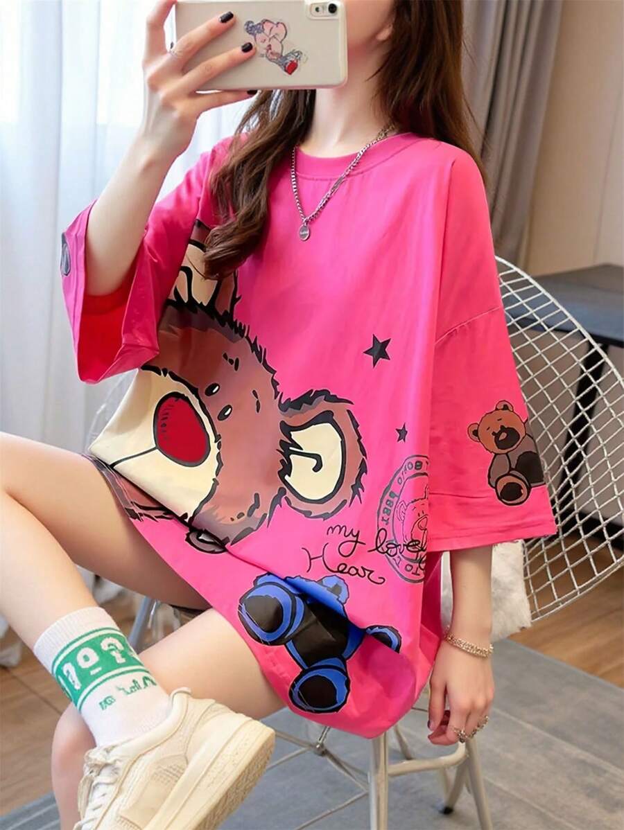 INAWLY 女式休闲 T 恤，带有可爱的卡通熊印花 - 舒适的涤纶混纺，短袖，圆领 - 非常适合春夏季 - 彩色 - 查看 1