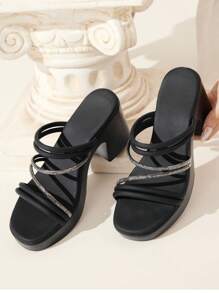 CUCCOO CHICEST Women Rhinestone Embellished Multi-Strap Square Toe Platform High Heel Sandals, Elegant Fashion Forward Black Ladies High Heels For Summer, Party, Beach, Music Festival, Club