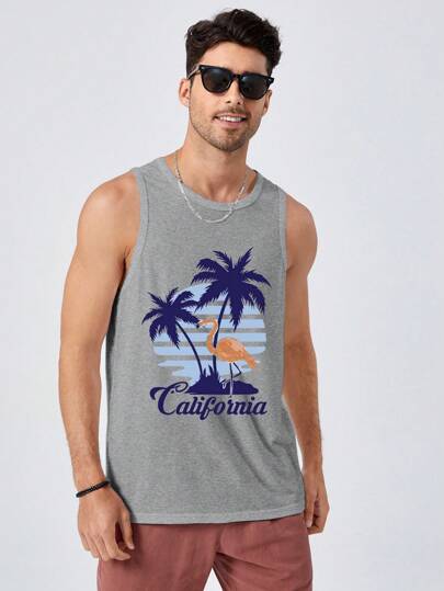 SHEIN Cottnline Men's Summer Letter & Palm Tree Graphic Round Neck Casual Tank Top