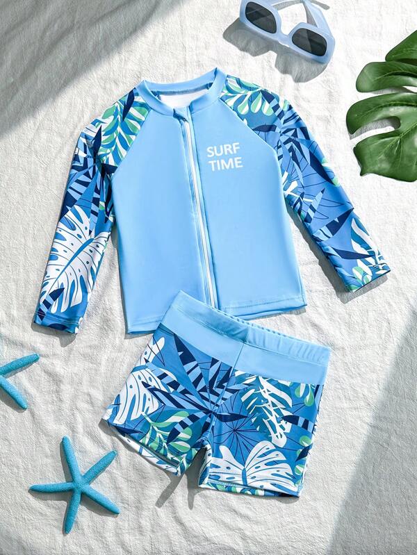 Young Boy Tropical Plant Print Raglan Sleeve Top And Shorts 2-Piece Swimsuit, Screen Printed Design Boys Rash Guard Set Toddler Boy Swim Sets Boys Surf Swimsuit Set Long Sleeve Swimsuit Boys Two Piece Swimsuit Toddler Boy