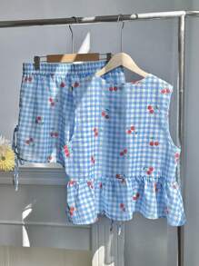 Comfortcana 2pcs Cherry Pattern Plaid Casual Women Set - Black and White - View 2
