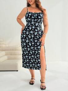 Solflare Vestito casual con fantasia floreale di grandi dimensioni per donna, blu