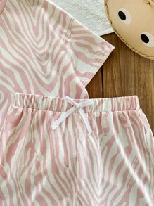SHEIN LMoss Kids LMoss 青少年女孩休閒針織波浪圖案短袖T恤與短褲套裝 - 藕粉色 - 查看 5