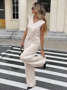 SHEIN Frenchy 2pcs/Set Women Casual Solid Color V-Neck Tie Front Tank Top And Wide Leg Loose Pants Set Summer