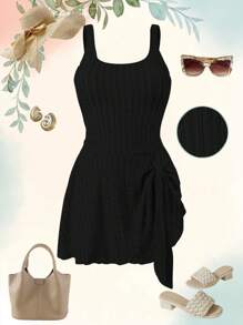 Swim Lushoire 大码女式米色特殊面料吊带连体泳衣裙，优雅简约时尚夏季沙滩泳衣 - 黑色 - 查看 1