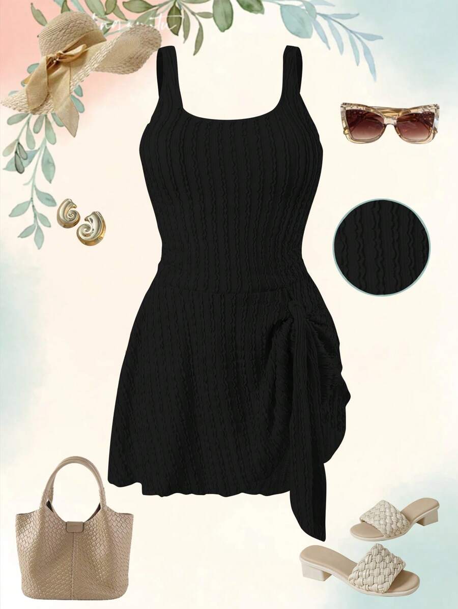 Swim Lushoire 大码女式米色特殊面料吊带连体泳衣裙，优雅简约时尚夏季沙滩泳衣 - 黑色 - 查看 1